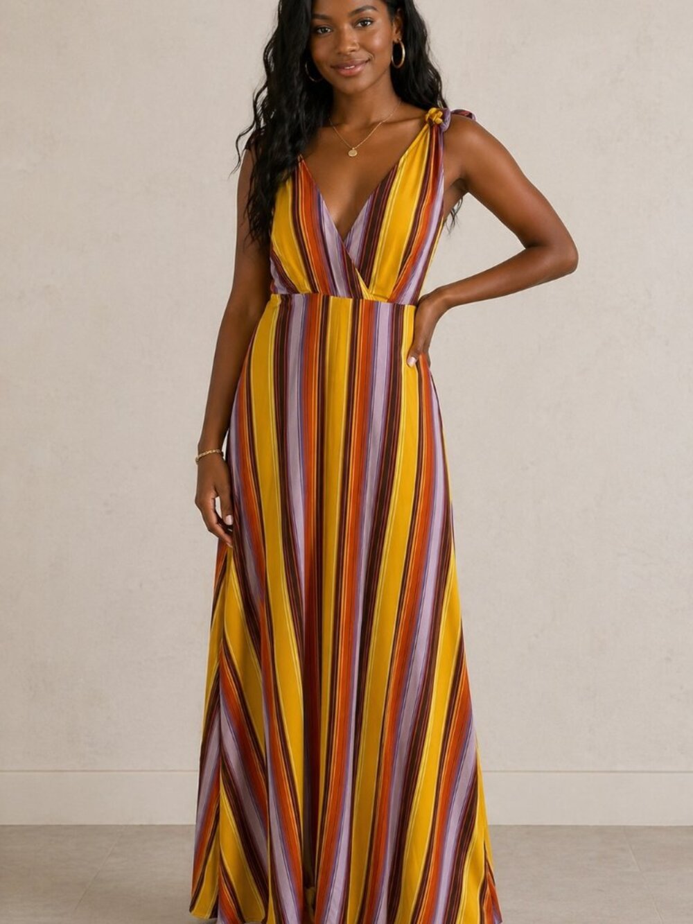 Miss Me Women’s Striped V-Neck Lined Sleeveless Maxi Dress - Multicolor Small